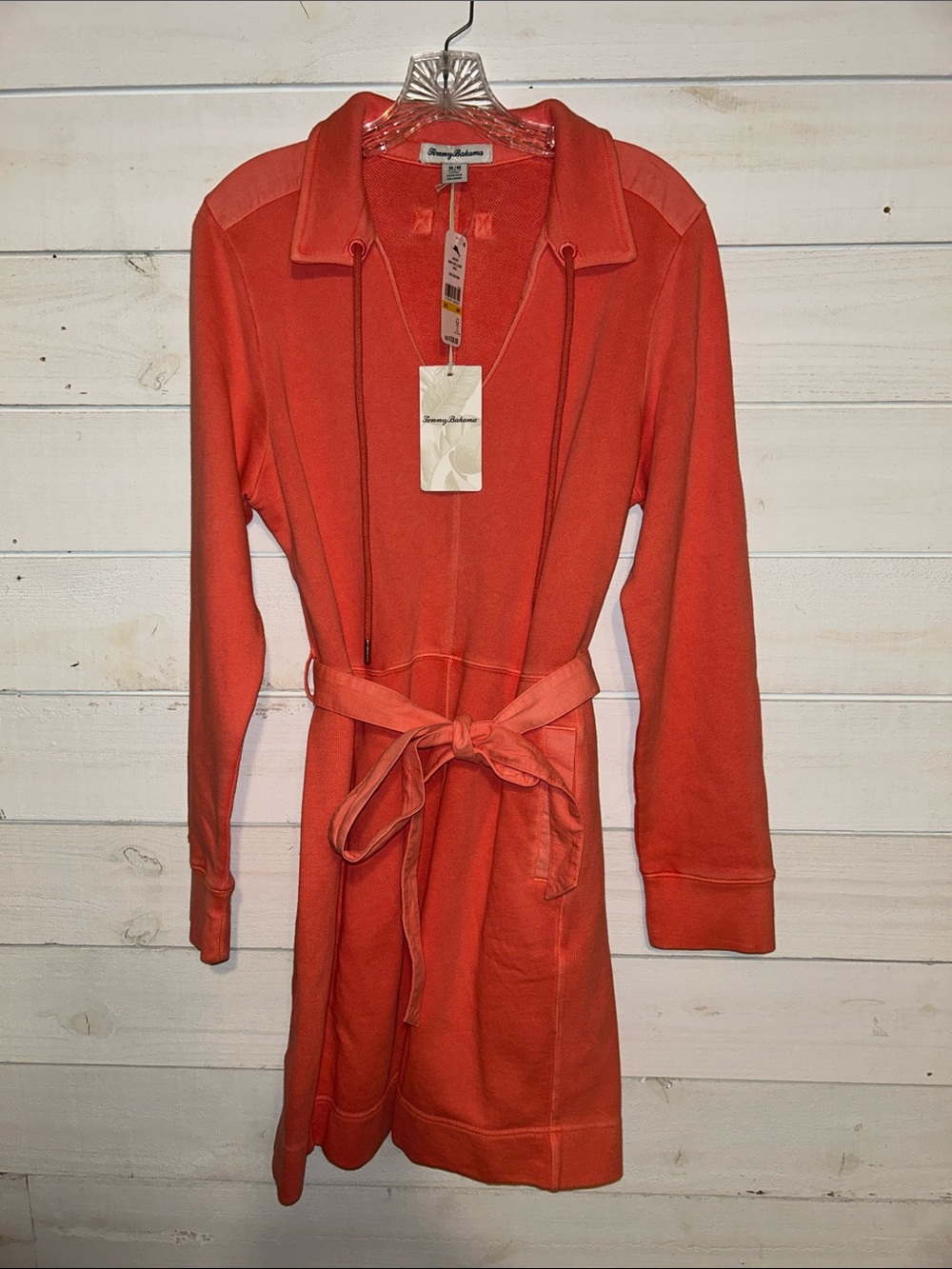 Tommy Bahama Coral-Red Hooded Tie-Waist Knit Dress